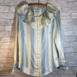J. Crew Top Women’s Sz XS Blue & Ivory Stripe 100% Silk Ruffle‎ Blouse